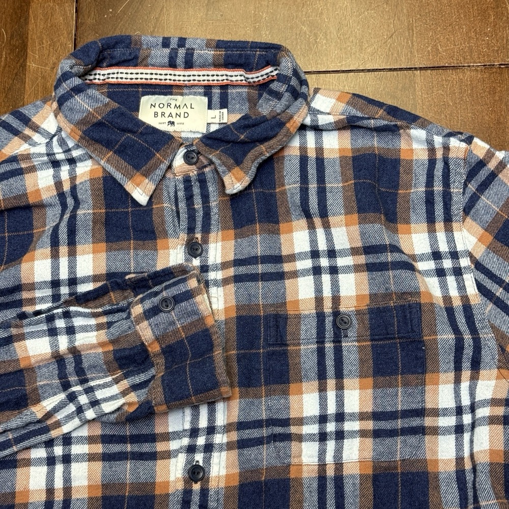 The Normal Brand Flannel Shirt Mens Large Blue Plaid‎ Button Long Sleeve Hiking
